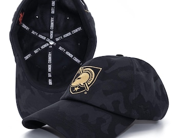West Point Army Dad Hat, USMA Black Camo Adjustable Baseball Cap, Embroidered Shield Logo, Game Day Gift for Husband or Dad