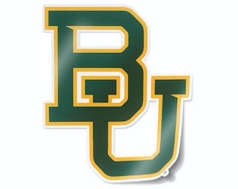 May include: Green and gold "BU" logo with a white outline. The logo is a stylised letter "B" with a smaller letter "U" attached to the right side.