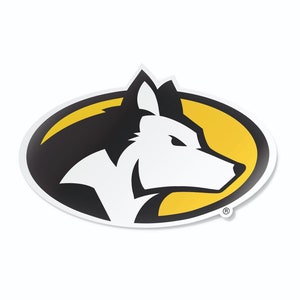 May include: A white wolf head silhouette inside a yellow oval with a black outline. The wolf is facing right and has a black ear and a black stripe on its head. The oval has a black outline and a yellow background. The image includes a registered trademark symbol.