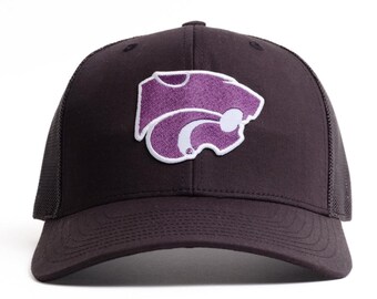 Black Kansas State University Hat with Purple Powercat Embroidered Logo Adjustable Trucker Baseball Cap - Officially Licensed