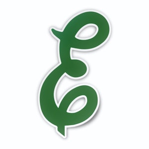 May include: A green cursive letter E with a white outline. The letter is stylized with a rounded, whimsical font.
