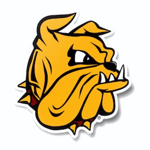 May include: A yellow bulldog mascot with a red collar and sharp teeth. The bulldog is looking to the right with a fierce expression.