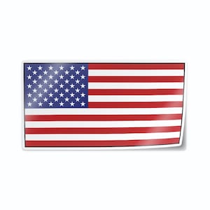 May include: A sticker featuring the American flag. The flag is red, white, and blue with 13 horizontal stripes and 50 white stars on a blue field.
