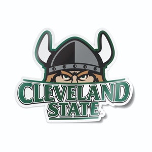 May include: A green and white logo with the text "CLEVELAND STATE" in a bold, white font. The logo features a cartoon Viking wearing a horned helmet.