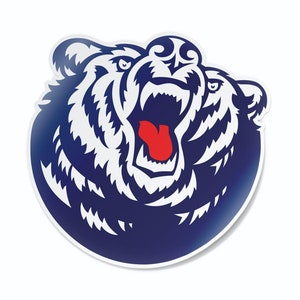 May include: A blue and white illustration of a bear's head with its mouth open and a red tongue showing. The bear's head is in a circle with a white outline.