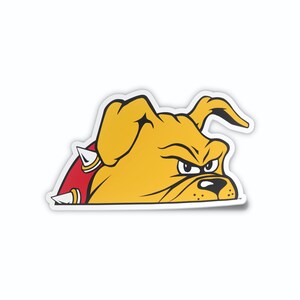 May include: A yellow cartoon bulldog with a red collar and spikes peeks over a white surface. The bulldog has a serious expression with a furrowed brow and a closed mouth.
