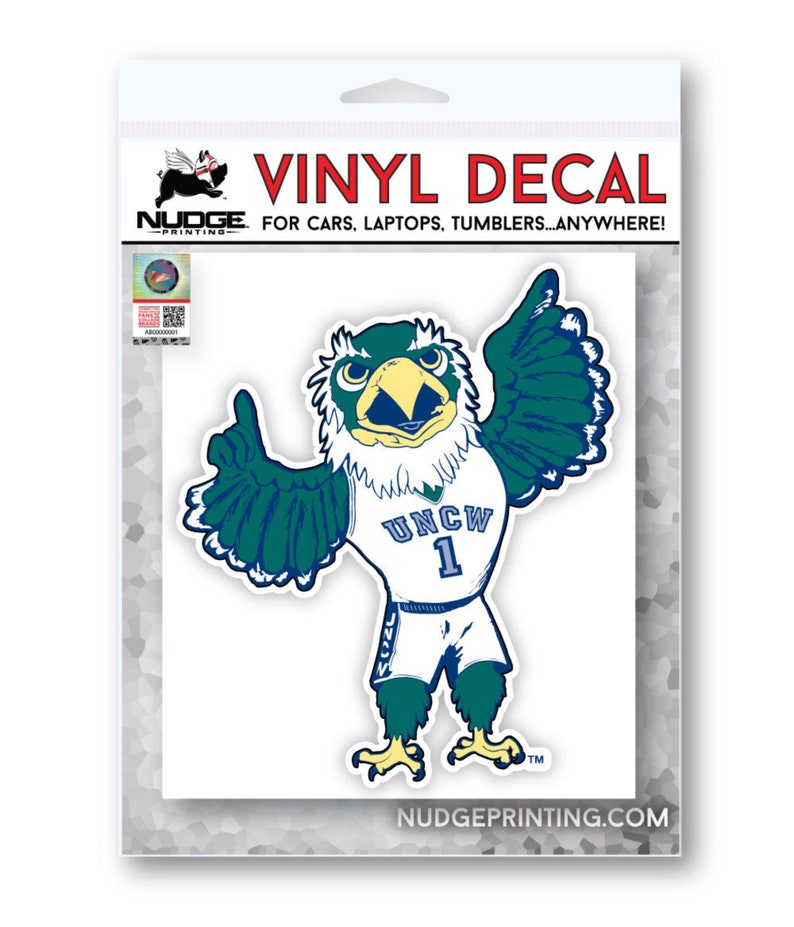 UNC Wilmington Sammy C Hawk Mascot in Uniform Car Decal Sticker in package. A University of North Carolina Wilmington sticker also looks great on windows, laptops, water bottles, corn hole boards, coolers, anywhere! Perfect for UNCW fanatics.