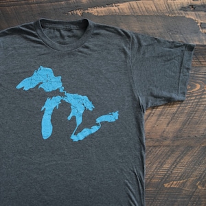 Great Lakes of Michigan Outline of Lake Huron, Ontario, Michigan, Erie, Superior Super Soft T-Shirt - Unisex Adult Sizing