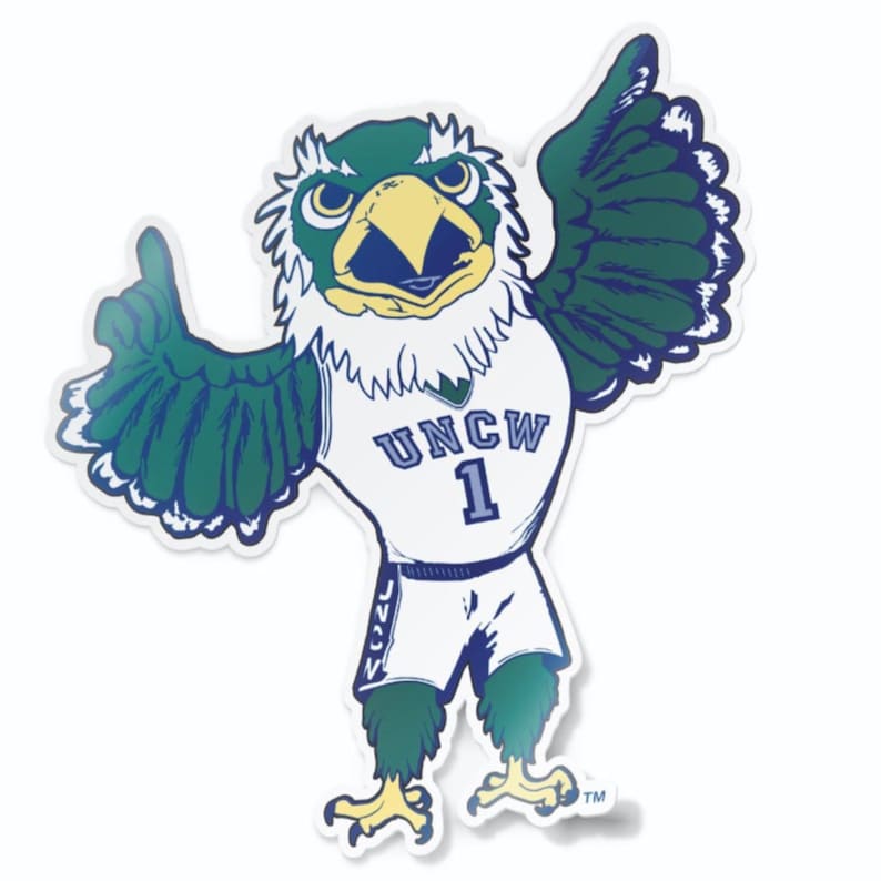 UNC Wilmington Sammy C Hawk Mascot in Uniform Car Decal Sticker. A University of North Carolina Wilmington sticker also looks great on windows, laptops, water bottles, corn hole boards, coolers, anywhere! Perfect for UNCW fanatics.