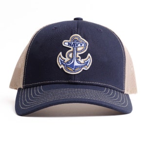 United States Naval Academy Trucker Hat with Anchor Logo in Navy Blue and Khaki Snapback Adjustable Cap for Adults