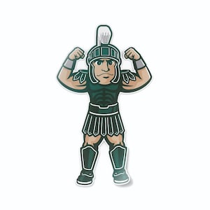 May include: A cartoon illustration of a green and black Roman soldier mascot flexing his biceps. The soldier is wearing a helmet with a white plume, a green tunic, and a black kilt. He is also wearing black boots and gauntlets.