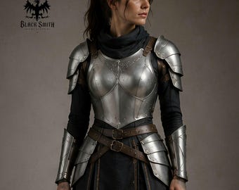 Handgefertigte mittelalterliche Ritterrüstung für Damen ~ Stahlbrustpanzer mit Schulterpanzer und Armschutz | LARP, Cosplay-Kostüm | Ausrüstung für Renaissancekriegerinnen