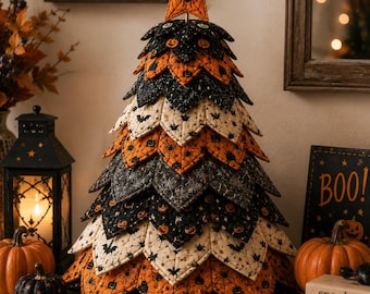 Boo Tree 03486D - Halloween Quilted Fabric Tree Pattern, Spooky Pumpkin Bat Spider Decor