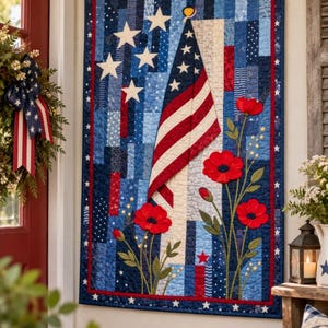 May include: A rectangular wall quilt featuring a vertical American flag design against a blue background with white stars. The quilt includes red poppy flowers with green stems and leaves, all framed by a thin red border and a wider blue border.