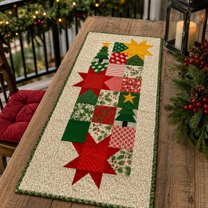 May include: A rectangular fabric table runner featuring a patchwork design of Christmas-themed patterns. The quilt displays red and green stars, pine trees, and holly motifs on a cream background with a thin green border trim around the edges.