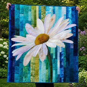 May include: A rectangular quilt featuring a large white daisy with a textured yellow center. The background is composed of vertical fabric strips in varying shades of blue, teal, and green, creating a gradient effect behind the flower.