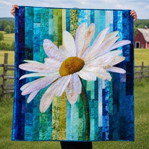 May include: A rectangular quilt featuring a large, central white daisy with a textured yellow-brown center. The background is composed of vertical fabric strips in varying shades of blue, teal, and green, creating a gradient effect behind the flower.