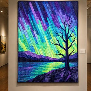 May include: A rectangular wall quilt featuring a pieced landscape design. The scene depicts a dark silhouette of a leafless tree on a rocky shore, a calm lake, and distant mountains under a vibrant sky filled with vertical bands of purple, blue, and green.