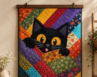 Scrap Cat 03410D - Cute Black Cat Pattern Design, Modern Black Cat Applique, Whimsical Cat Wall Quilt