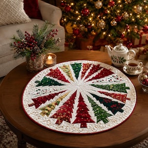 May include: A circular quilted table mat featuring a radial pattern of alternating red, green, and gold fabric Christmas tree shapes. The center and outer border are made of white fabric with intricate swirling stitching and a red edge trim.