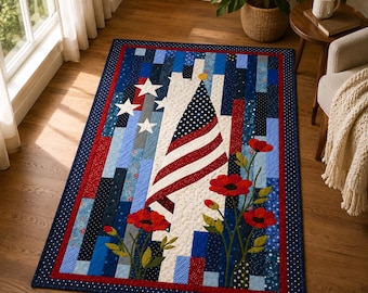 Woven Tribute 03219D - Patriotic Poppy Quilt Pattern, Applique Wall Hanging with Americana Flag Design