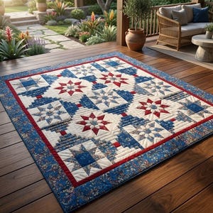 May include: A rectangular quilt with a patriotic design, featuring red, white, and blue star patterns. The quilt has a floral patterned border and is displayed on a wooden deck. The quilt's dimensions are not visible.