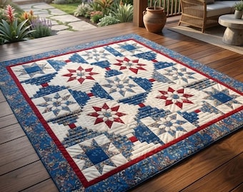 Liberty Star Dance 2964D - Star Log Cabin Paper Quilt Pattern, Americana Star Quilt Design, Patriotic Quilt Pattern for Bed and Throw