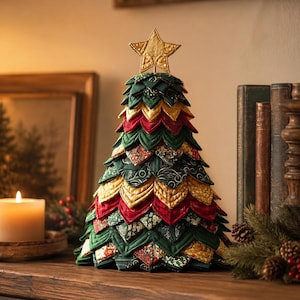 May include: A decorative fabric Christmas tree constructed from layered, quilted triangular fabric pieces in shades of dark green, deep red, and gold. The tree is topped with a gold fabric star and features various patterns including floral and swirl motifs.