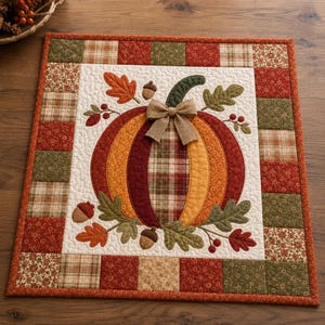 May include: A square quilted fabric mat featuring a central pumpkin appliqué made of orange, red, and plaid fabric segments. The pumpkin is decorated with a burlap bow, fabric leaves, and acorns. The border consists of a patchwork of autumn-toned squares.
