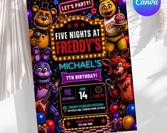 FNAF Birthday Invitation, Five Nights at Freddys Invite, Editable Canva Template, Boys Birthday Invite, Printable, Instant Download