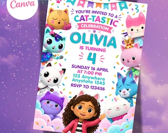 Editable Any Age Gabby's Dollhouse Birthday Invitation, Gabby Dollhouse Party Invite, Girls Birthday Invite, Digital 5x7 Canva Template