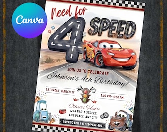 Invitación de cumpleaños de Lightning McQueen para el 4.º cumpleaños, invitación de cumpleaños de Need for Speed Cars, fiesta de cumpleaños infantil, descarga digital editable de Canva 5x7