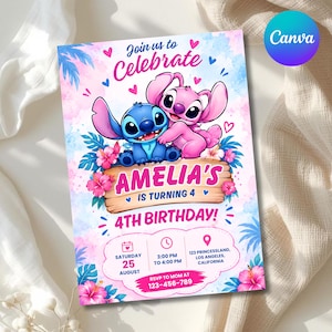 May include: A birthday invitation card featuring blue and pink cartoon characters sitting on a wooden sign that reads AMELIA'S IS TURNING 4. The card includes text for a 4th birthday party on Saturday, August 25, at 3:00 PM in Los Angeles, California.