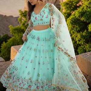 Conjunto de lehenga choli bordado verde menta para mujer, conjunto de lehenga de red suave con lentejuelas, lehenga de boda de diseñador con dupatta, ropa de fiesta floral