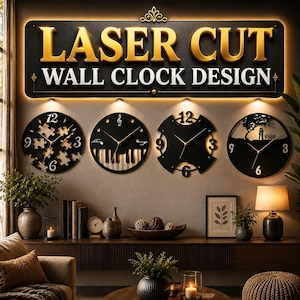 May include: A wall display featuring a large sign with the text LASER CUT WALL CLOCK DESIGN in gold and white lettering. Below, four circular black wall clocks are mounted, each with a unique cutout pattern including puzzle pieces, piano keys, a cross shape, and a silhouette of a couple under a tree.