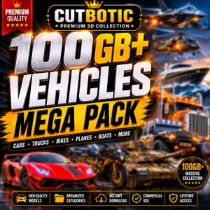 Puede incluir: Una colección digital titulada CUTBOTIC PREMIUM 3D COLLECTION 100GB+ VEHICLES MEGA PACK que presenta varios vehículos, incluyendo un coche deportivo rojo, una motocicleta, un tanque, un camión, un barco, un helicóptero y un avión.