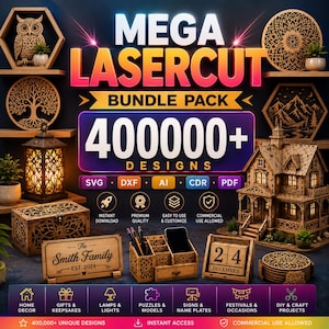 Mega PAKET LASERSKÄRNINGS- & gravyrfiler, 400 000+ designer för diod-CO2- och fiberlasrar, Lightburn- och Xtool-kompatibla, Svg Dxf AI-projekt
