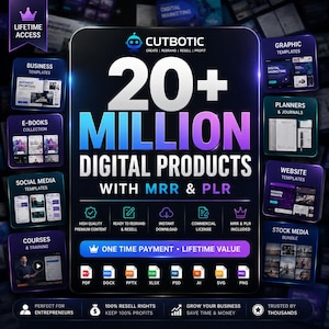 May include: A digital product bundle advertisement featuring the text 20+ MILLION DIGITAL PRODUCTS WITH MRR & PLR. The graphic includes icons for file formats like PDF, DOCX, PPTX, XLSX, PSD, AI, SVG, and PNG, alongside labels for templates, e-books, and courses.