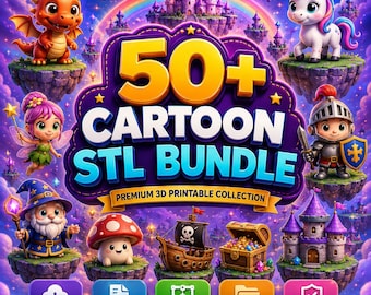 May include: A digital graphic for a 50+ Cartoon STL Bundle featuring 3D printable characters like a dragon, unicorn, fairy, knight, wizard, mushroom, pirate ship, treasure chest, and castle against a purple starry sky with a rainbow.