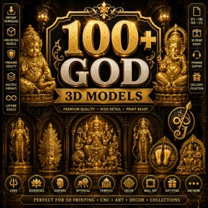 Könnte beinhalten: Eine digitale Sammlung von über 100 goldenen 3D-Göttermodellen, darunter Ganesha und weitere Figuren. Die Grafik enthält Textbeschriftungen für Dateiformate wie STL, OBJ, FBX und ZTL sowie Symbole für den 3D-Druck.