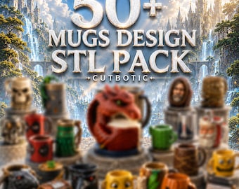 50 Mugs STL Bundle,  3D Printable Mug Files,  Coffee Cup 3D Print Models, Drinkware STL,  Digital Download,  Commercial Use, Gift Mug Stl