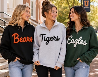 Custom Mascot Quarter Zip Sweatshirt, Personalized Team Name 3D Yarn Lettering, School Spirit Pullover, Game Day Gift