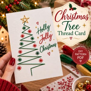 May include: A white greeting card featuring a stitched Christmas tree design made with green thread, accented by red and green star-shaped thread details and a gold star at the top. The text reads Holly Jolly Christmas in red and green ink.