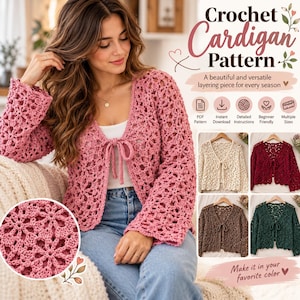 Könnte beinhalten: Eine rosa Häkelanleitung für eine Strickjacke mit Blumenmuster, langen Ärmeln und einer Bindung vorne. Das Bild zeigt die Strickjacke in verschiedenen Farben wie Creme, Dunkelrot, Braun und Dunkelgrün sowie Text mit PDF-Anweisungen.