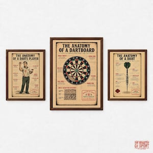 May include: Three framed wall art prints with a vintage aesthetic, featuring technical diagrams titled The Anatomy of a Darts Player, The Anatomy of a Dartboard, and The Anatomy of a Dart, all printed on a light tan background with dark text.