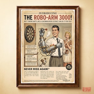 May include: A vintage-style advertisement poster titled INTRODUCING THE ROBO-ARM 3000! featuring a man with a mechanical robotic arm throwing a dart at a board. The poster includes technical diagrams, descriptive text, and a small dog illustration.