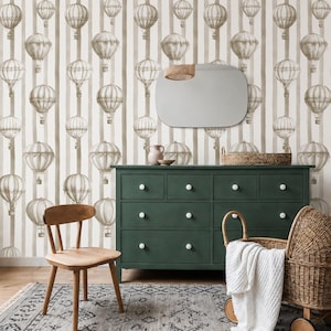 Vintage behang met strepen in de vorm van een heteluchtballon, neutraal behang voor baby- en kinderkamers, zelfklevend behang.