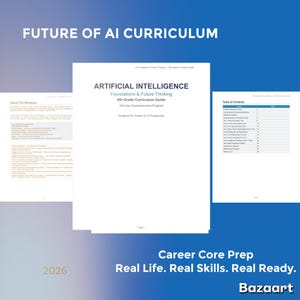 May include: A white curriculum guide titled Artificial Intelligence Foundations & Future Thinking 8th Grade Curriculum Guide 180-Day Comprehensive Program. The document includes an About This Workbook page and a Table of Contents page.