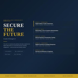 May include: A dark blue educational curriculum document titled SECURE THE FUTURE for grades 8 through 12. It outlines a 5-year cybersecurity pathway including topics like Digital Safety, Networking, Ethical Hacking, Forensics, and Security Architecture.