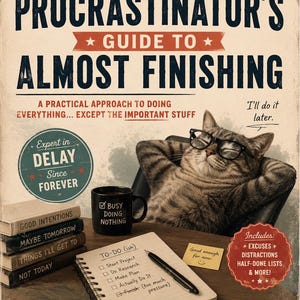 May include: A humorous book cover titled "The Procrastinator's Guide to Almost Finishing." It features a relaxed cat wearing glasses, a coffee mug, a to-do list, and a stack of books with funny titles. The overall theme is procrastination.
